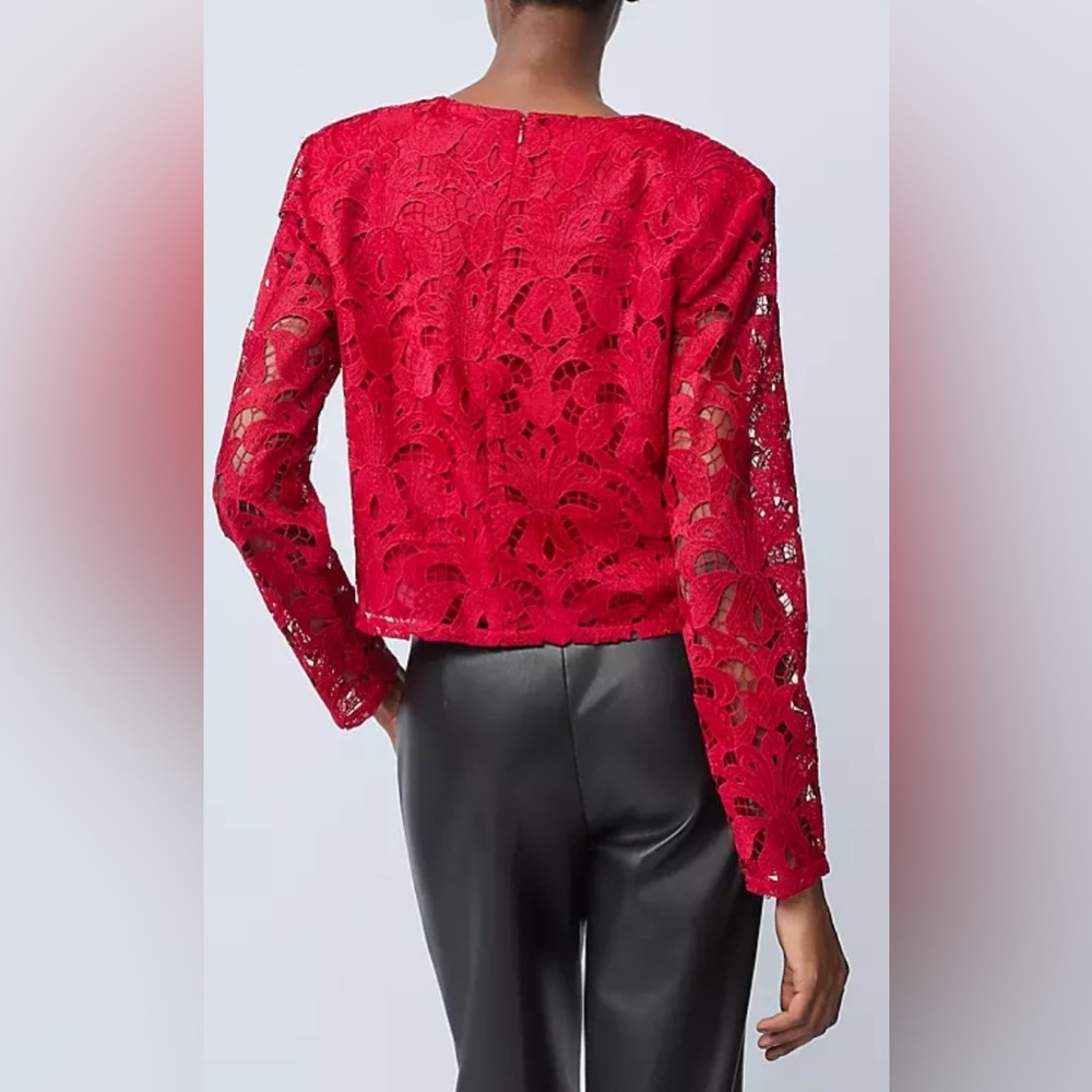 Ann Taylor Petite Lace Crew Neck Blouse in Jewel Red - Picture 2 of 3